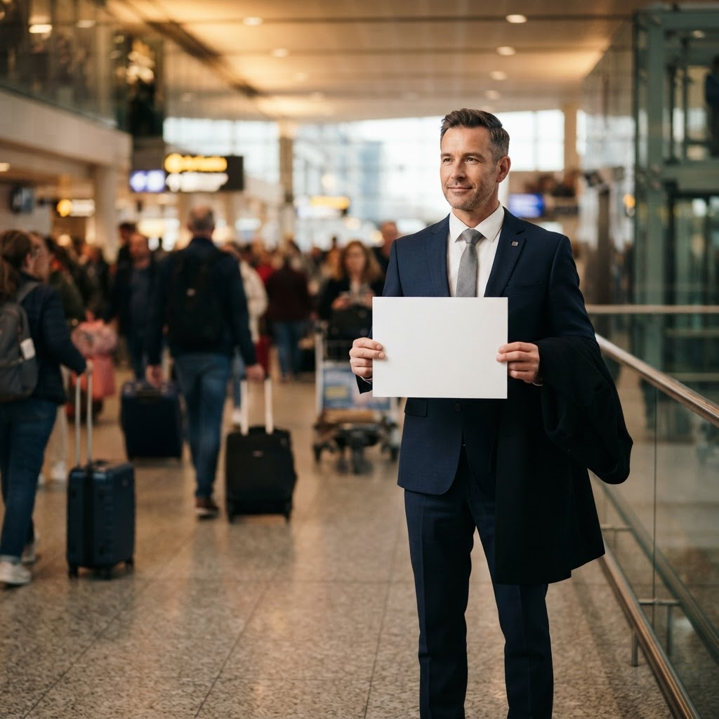 Driver waiting in arrivals with a name sign